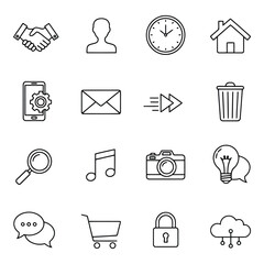 Fototapeta premium Art of set of sixteen business and technology line icons featuring handshake, person, clock, house, phone, email, camera, and cloud isolated on white background