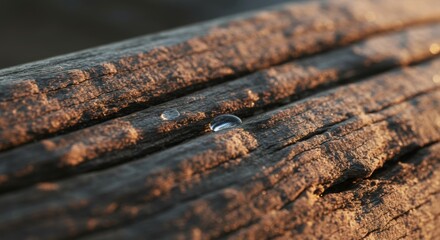 Water Droplet on Sunlit Weathered Wood: Natural Texture Background