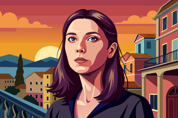 female tourist, old town view, balcony scene, cityscape travel, woman traveler, scenic balcony, historic town, travel concept, urban landscape, sightseeing woman