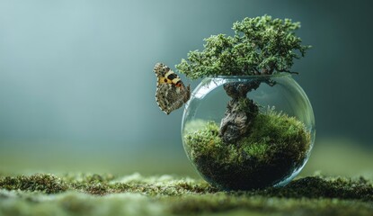 Glass terrarium with bonsai and butterfly