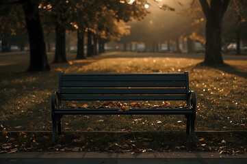 Empty Park Bench with Autumn Leaves at Sunset