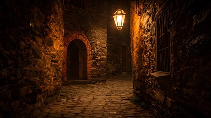Obraz premium Cobblestone alleyway at night, illuminated by a single lantern.