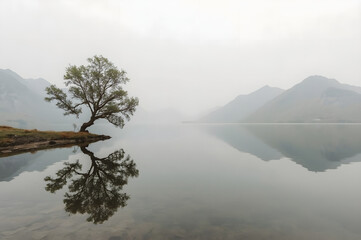Lonely Tree Reflected in Calm Lake with Mountain Background