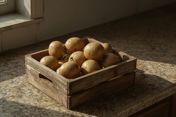 Fresh Potatoes in Wooden Crate on Kitchen Counter