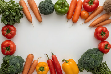 Fresh Vegetables Flat Lay with Carrots, Tomatoes, Broccoli, and Bell Peppers