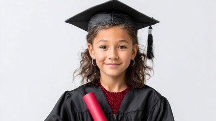 Young girl wearing a black graduation gown and cap holding a red graduation certificate. She is smiling and looking at the camera