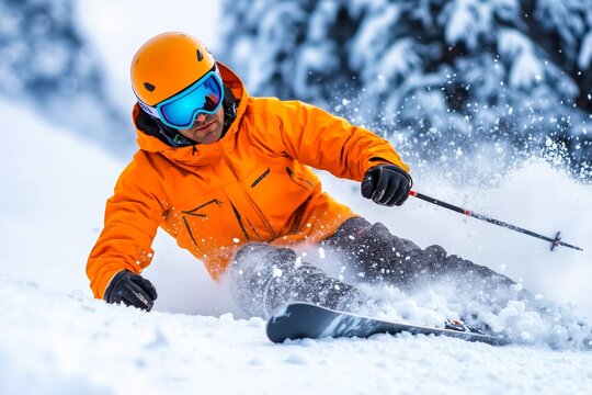 A man in an orange jacket skiing down a snowy hill