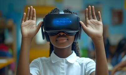 Black school student with a VR headset using AI artificial intelligence technology for innovation and machine learning. Interactive technology in the classroom. Innovation and smart, Generative AI