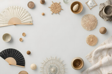 Minimalist Traditional Decoration with Woven Crafts, Folding Fans, and Wooden Ornaments