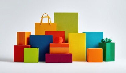 Colorful gift boxes and shopping bags arranged in a vibrant display