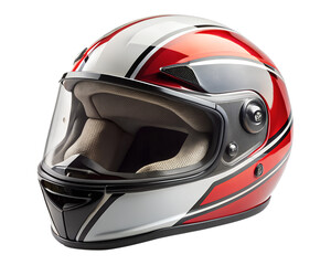Fototapeta premium Red white and black striped full face motorcycle helmet with clear visor isolated on transparent background