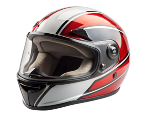 Red white and black striped full face motorcycle helmet with clear visor isolated on transparent background