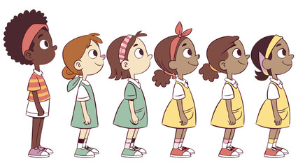 Diverse Children in a Row Profile View in School Uniforms.