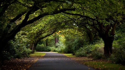 A paved pathway through a lush, leafy park.