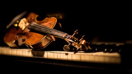 Elegant arrangement of classical instruments, violin and piano keys glowing with timeless musical charm.