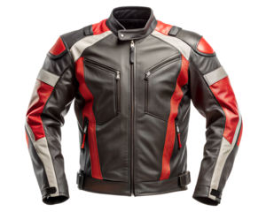 Stylish black, red, and white leather motorcycle racing jacket isolated on transparent background