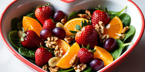 A heart shaped bowl filled with a colorful fruit salad consisting of strawberries and oranges and grapes