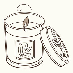 Aesthetic line drawing of a lit candle in a glass jar with its lid off and subtle smoke wisps