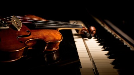 Fototapeta premium Elegant arrangement of classical instruments, violin and piano keys glowing with timeless musical charm.