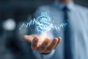 A person's hand hovers over a glowing dollar sign, surrounded by financial data visualization