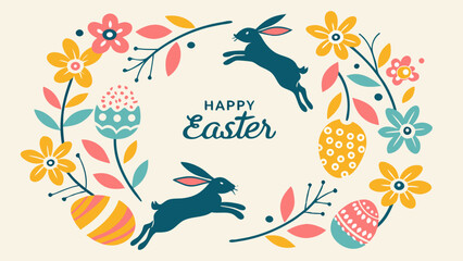 Fototapeta premium Easter Rabbits Leaping Through Floral Wreath with Eggs.