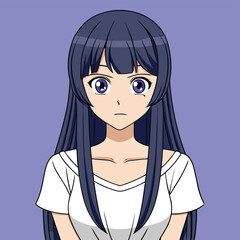 Anime girl with long dark hair wearing a white t-shirt beautiful blue eyes