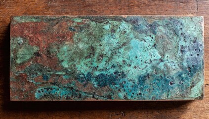 Rectangular copper-toned metal slab, variegated with teal and rust-colored patterns