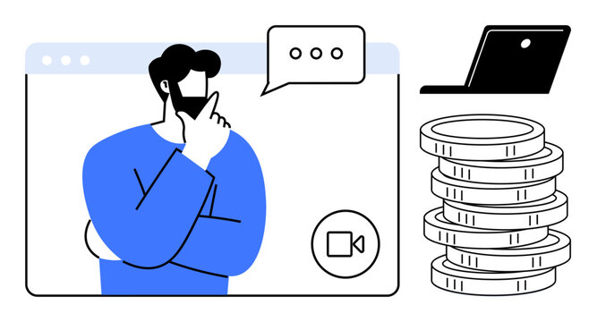 Man thinking on video call in a browser window, speech bubble and coins stack symbolize discussion, remote work, consultation. Ideal for finance, online learning, collaboration, business planning