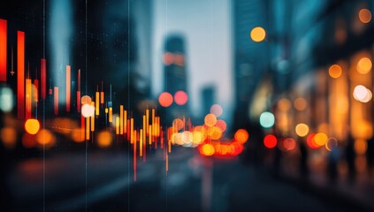 Financial data overlaid on a blurred city street at night