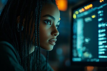 Black female cyber security analyst analyzing AI cyberspace threats and risks on a computer in a dark tech office data center, emphasizing the need for ethical hacking in todays, Generative AI