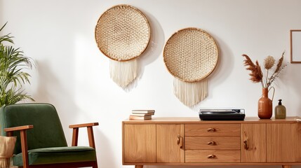 Living room with a green chair and a brown wooden entertainment center
