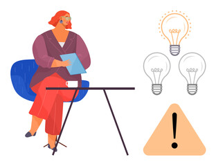 Woman holding tablet seated at desk, surrounded by light bulbs indicating ideas and a caution sign. Ideal for creativity, innovation, brainstorming, education, problem-solving, strategy, warning