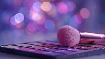 Close-up of a makeup palette and brush with vibrant colors and bokeh