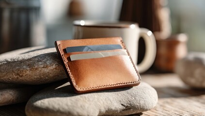 Tan leather card holder on stones, beside coffee mug