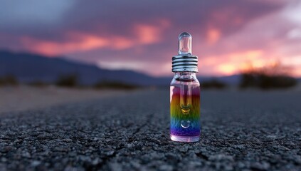 Colorful dropper bottle on a road at sunset