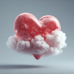 Pink heart shape, translucent, floating on a fluffy cloud, soft lighting