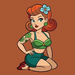 Fototapeta premium Retro pin up girl with green bikini and floral tattoo on arm vintage woman