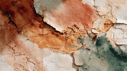 Fototapeta premium Close-up of peeling paint on old wall with rustic texture and weathered colors