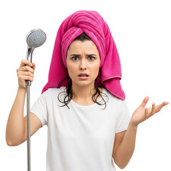 confused woman with towel on head and shower head on Isolated transparent background png. generated with AI