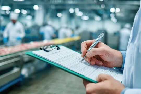 Food factory worker fills out quality control form - Powered by Adobe