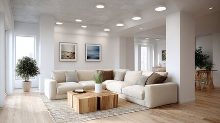 Large living room with a white couch, a coffee table, and a potted plant