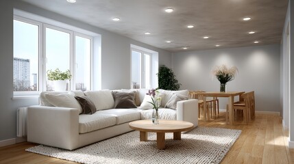 Fototapeta premium Large living room with a white couch, a coffee table, and a potted plant