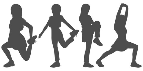 Set vector silhouette muslim women engaging fitness and athletic activities. Female wearing hijab doing workout and exercise. Flat vector illustrations girl promoting healthy lifestyle.