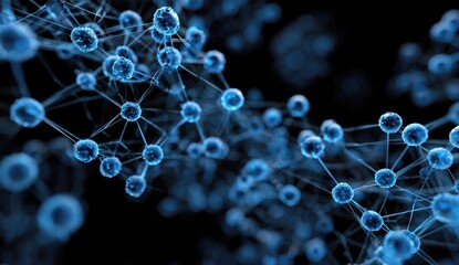 Abstract molecular structure.  Dark background with many interconnected, blue spheres and lines