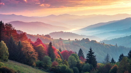 Obraz premium A breathtaking vista unfolds as the morning sun paints the autumn landscape with vibrant colors, illuminating the misty mountains and the lush forests below