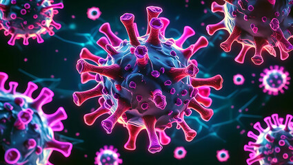 Microscopic view of viruses with spiky crowns on a dark background