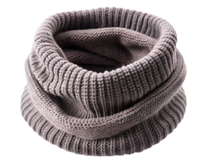 Cozy grey knitted wool neck warmer scarf accessory isolated on transparent background