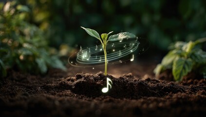 Young plant sprouting from dark soil, surrounded by musical notes