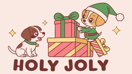 Fototapeta premium Adorable Christmas Elf Dog with Presents and Friend.