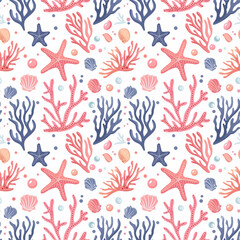Fototapeta premium underwater marine life pattern featuring corals, shells, starfish, and bubbles in soft colors